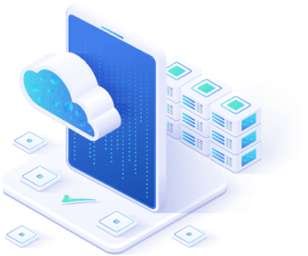 Isometric smartphone with cloud icon and server racks representing data storage