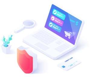 Isometric laptop with shopping cart, magnifying glass, shield, and credit card for media marketing.