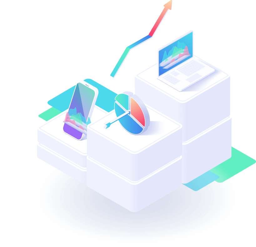 Isometric icons of phone laptop and pie chart representing digital marketing analytics
