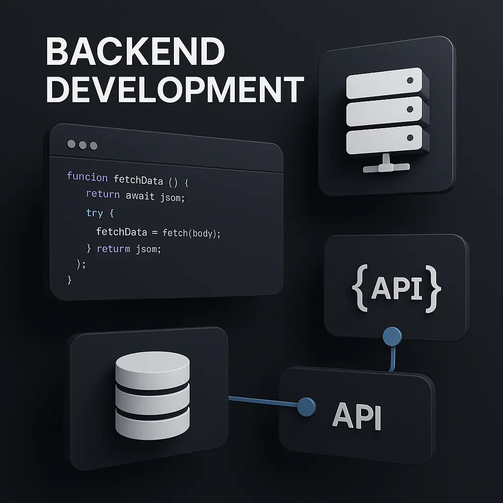 Backend development diagram with code server database and api icons