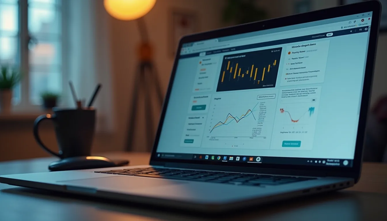 Laptop screen displaying various digital marketing analytics charts and graphs