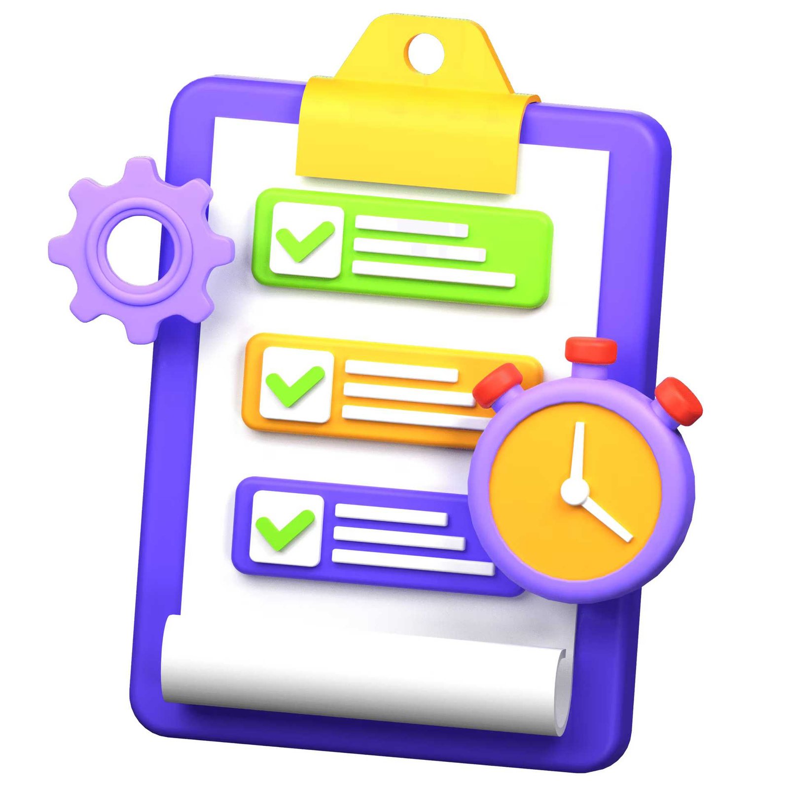 3D clipboard with completed tasks, gear, and stopwatch icon