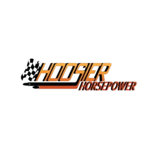 Hoosier Horsepower logo with orange text and checkered flag graphic on black background