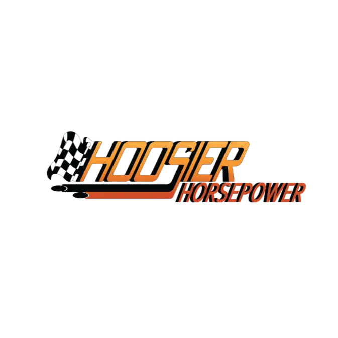 Hoosier Horsepower logo with orange text and checkered flag graphic on black background