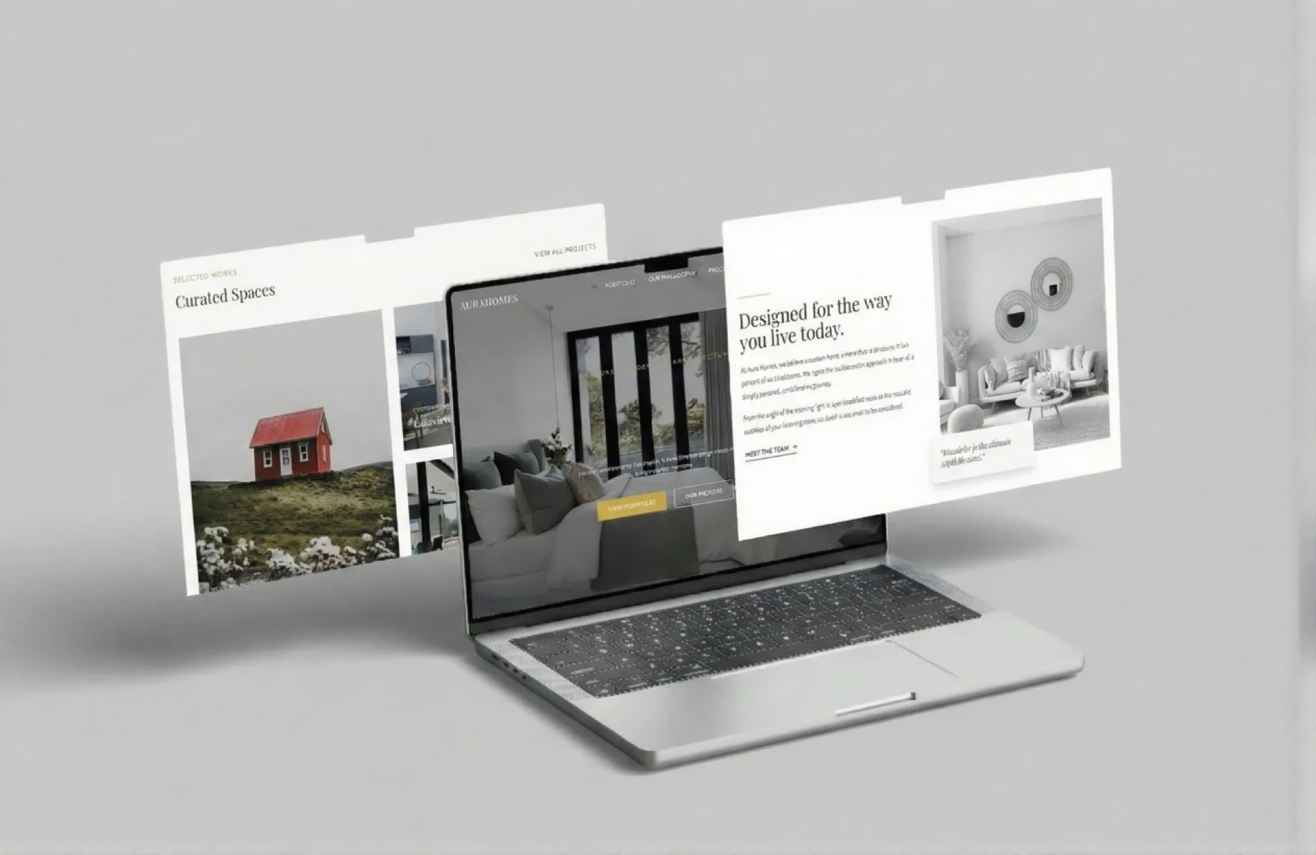 Laptop displaying website designs with floating web pages