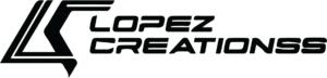 Dark gray Lopez Creationss logo on a black background