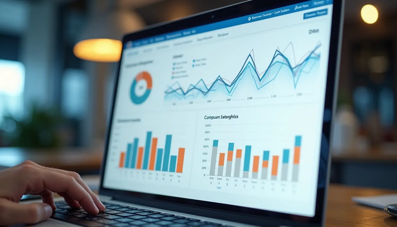 Hand typing on laptop displaying marketing results dashboard with charts and graphs