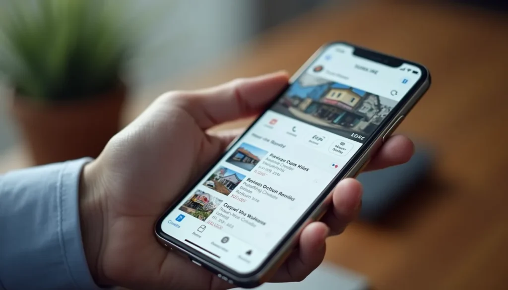Hand holding smartphone displaying a mobile app with hotel listings