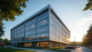 Modern office building with glass facade reflecting sunset light surrounded by trees