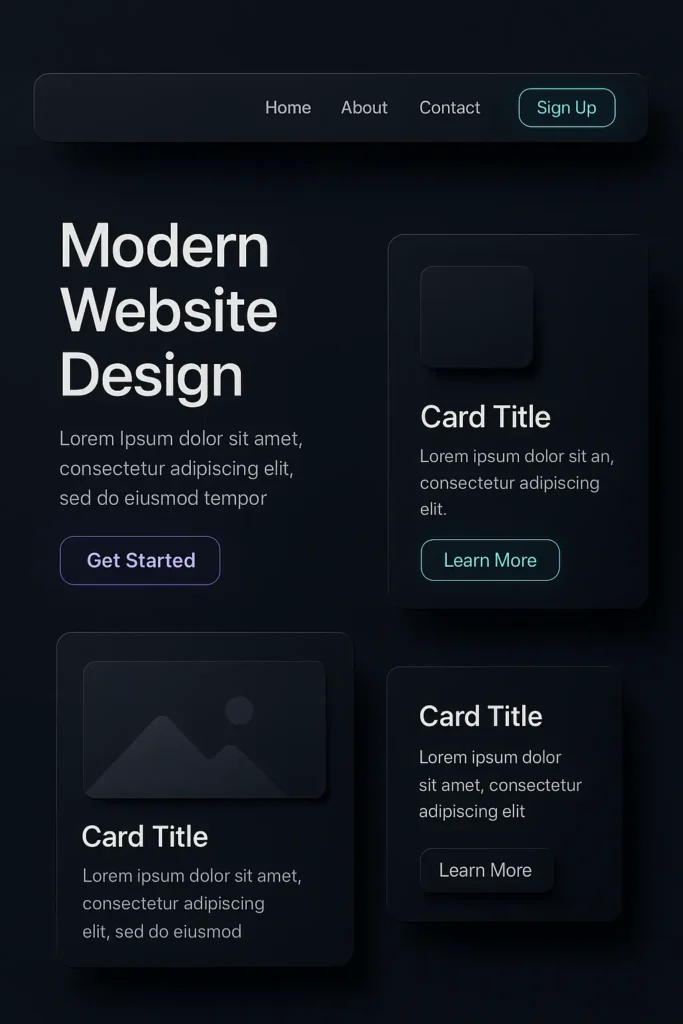 Dark mode website design with navigation bar and content cards
