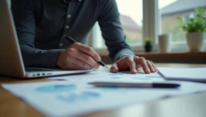 Persons hands analyzing data charts on a desk with a laptop