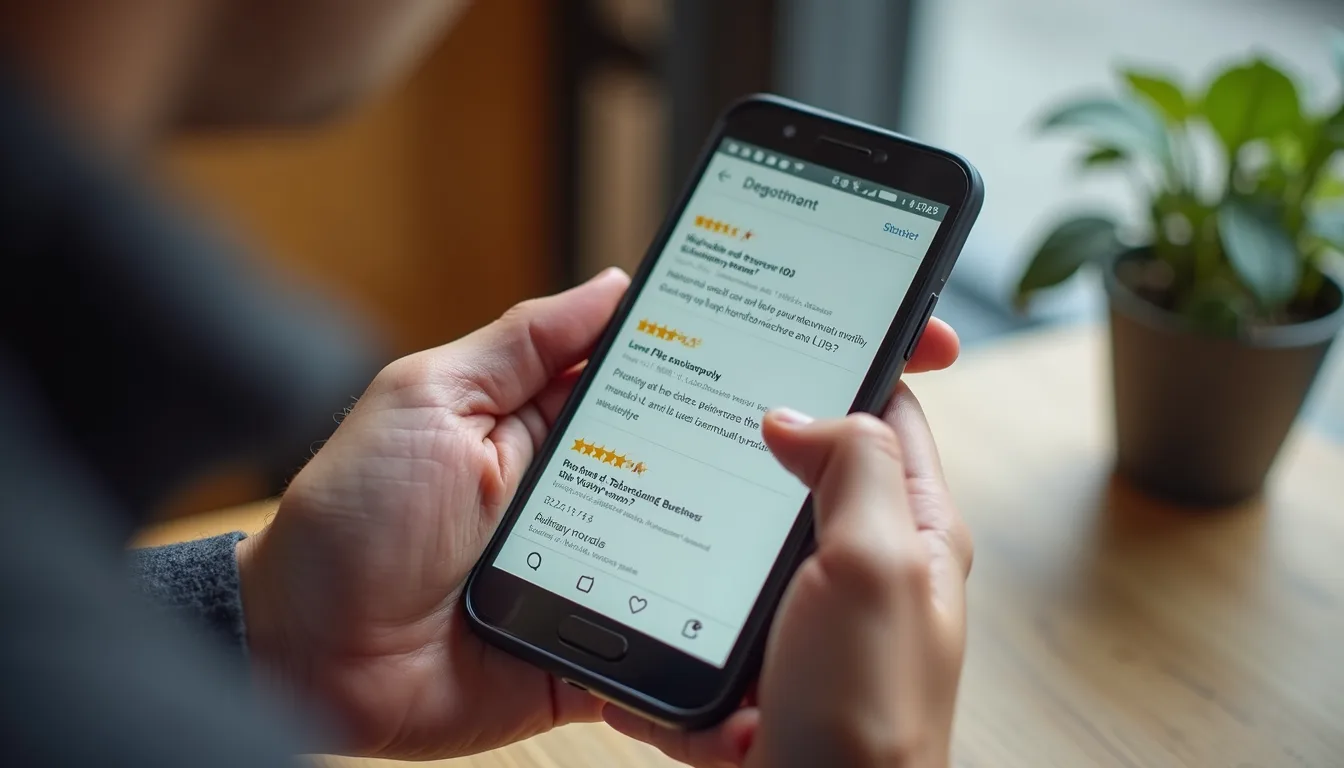 Person scrolling through online reviews on a smartphone with a plant in the background