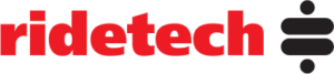 Red ridetech logo with a stylized black equal sign icon on a black background