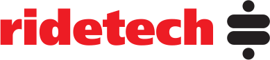 Red ridetech logo with a stylized black equal sign icon on a black background
