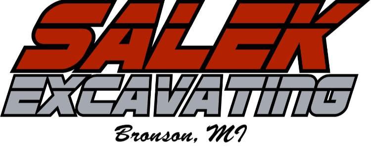 Salek Excavating logo with red and gray text, Bronson, MI below