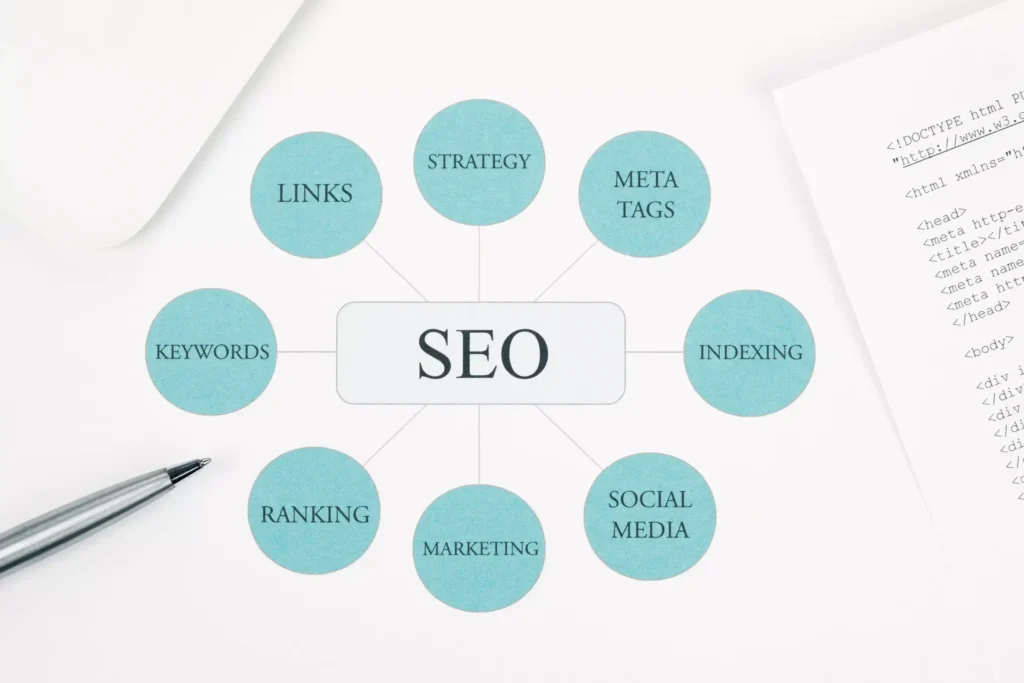 Seo mind map with keywords links strategy and social media