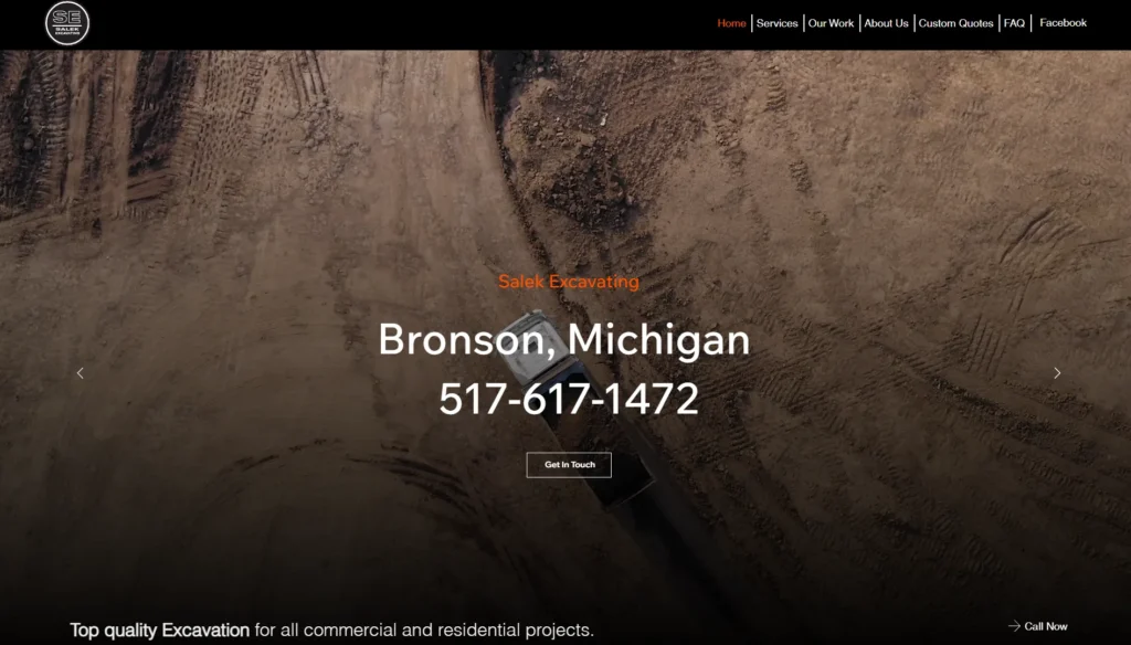 Homepage screenshot for an excavation company in bronson michigan