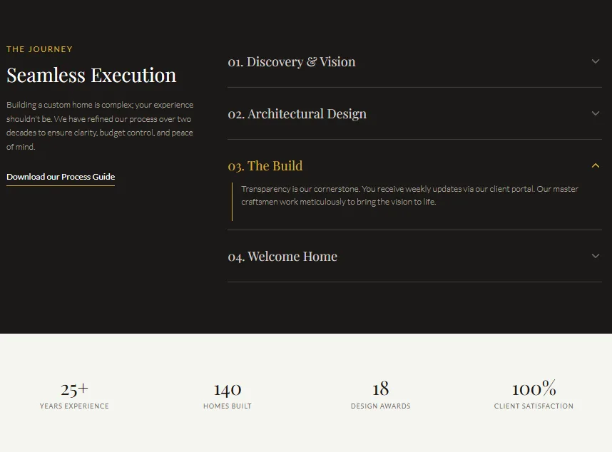 Luxury home builder website design featuring a dark process section and statistics