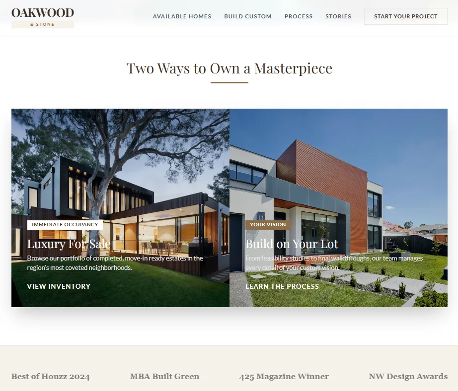 Custom home builder website design featuring modern luxury real estate