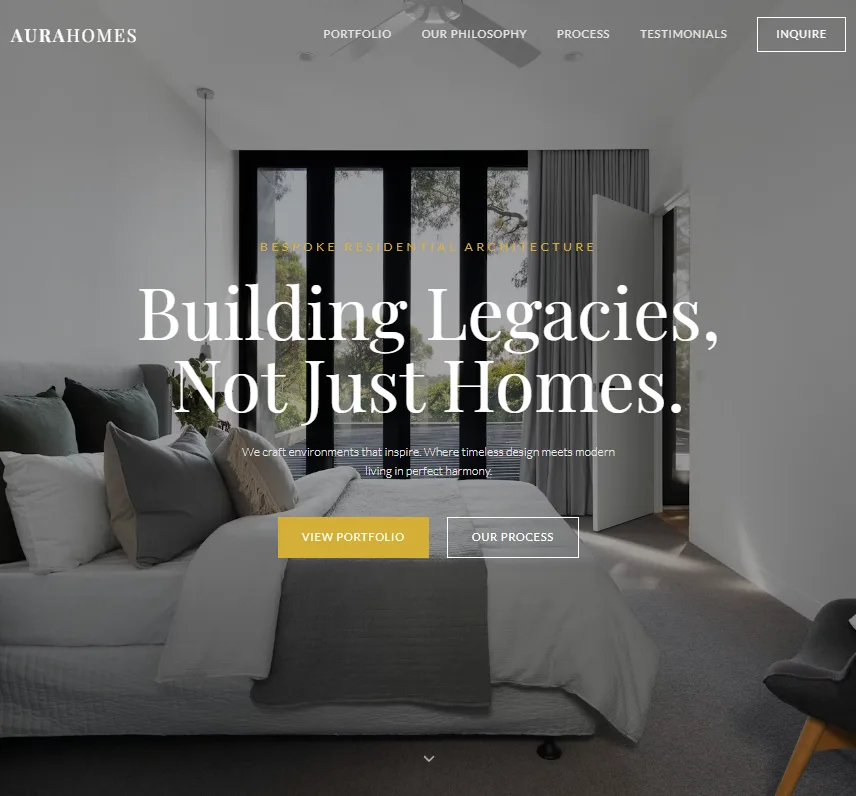 Aura homes website design featuring a modern luxury bedroom interior