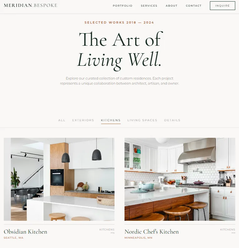Luxury home builder website design featuring modern kitchen portfolios