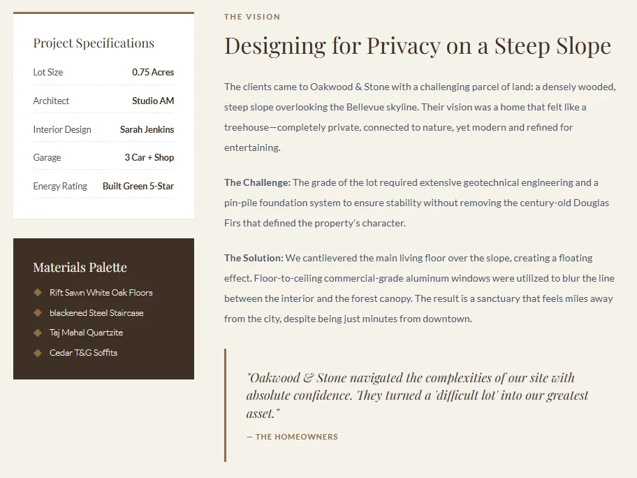 Ikai media web design showing project specifications and materials palette