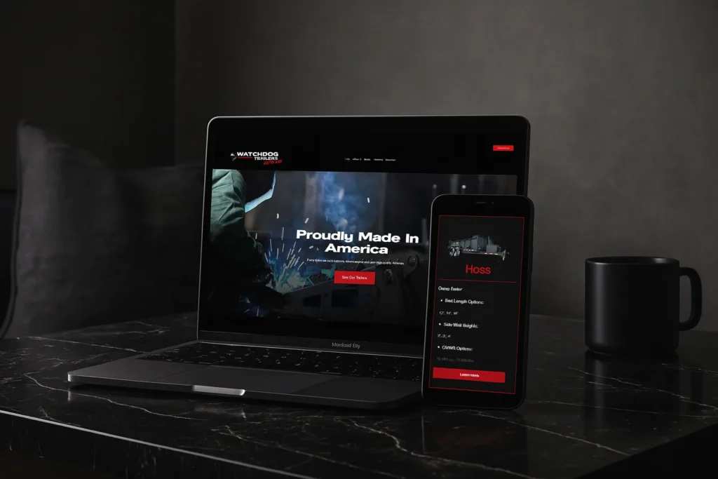 Laptop and phone displaying responsive web design on dark marble desk