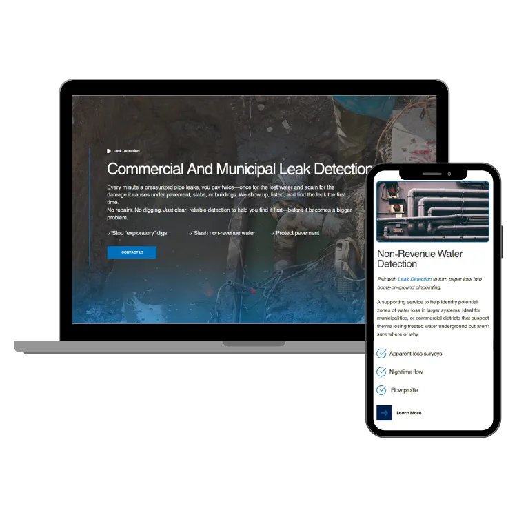 Laptop and smartphone displaying a responsive website design for leak detection