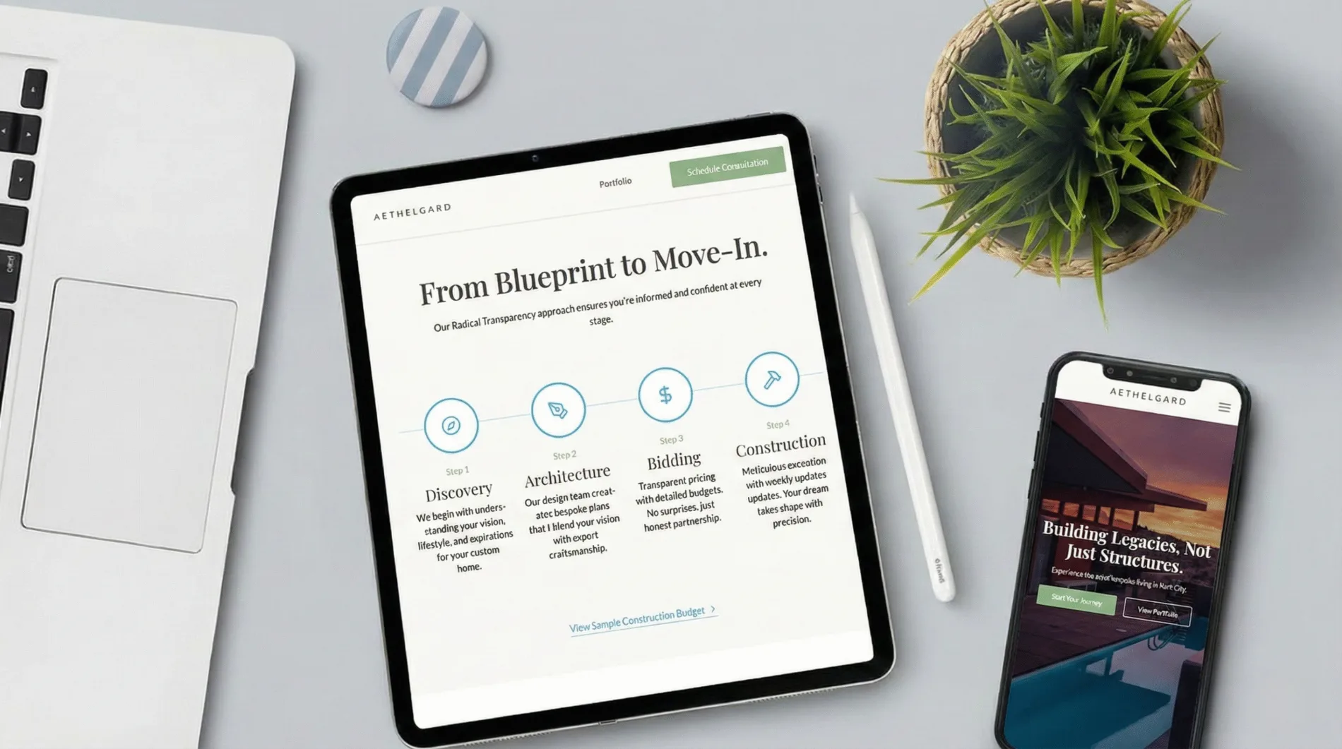 Tablet and phone displaying ikai media web designs next to a laptop
