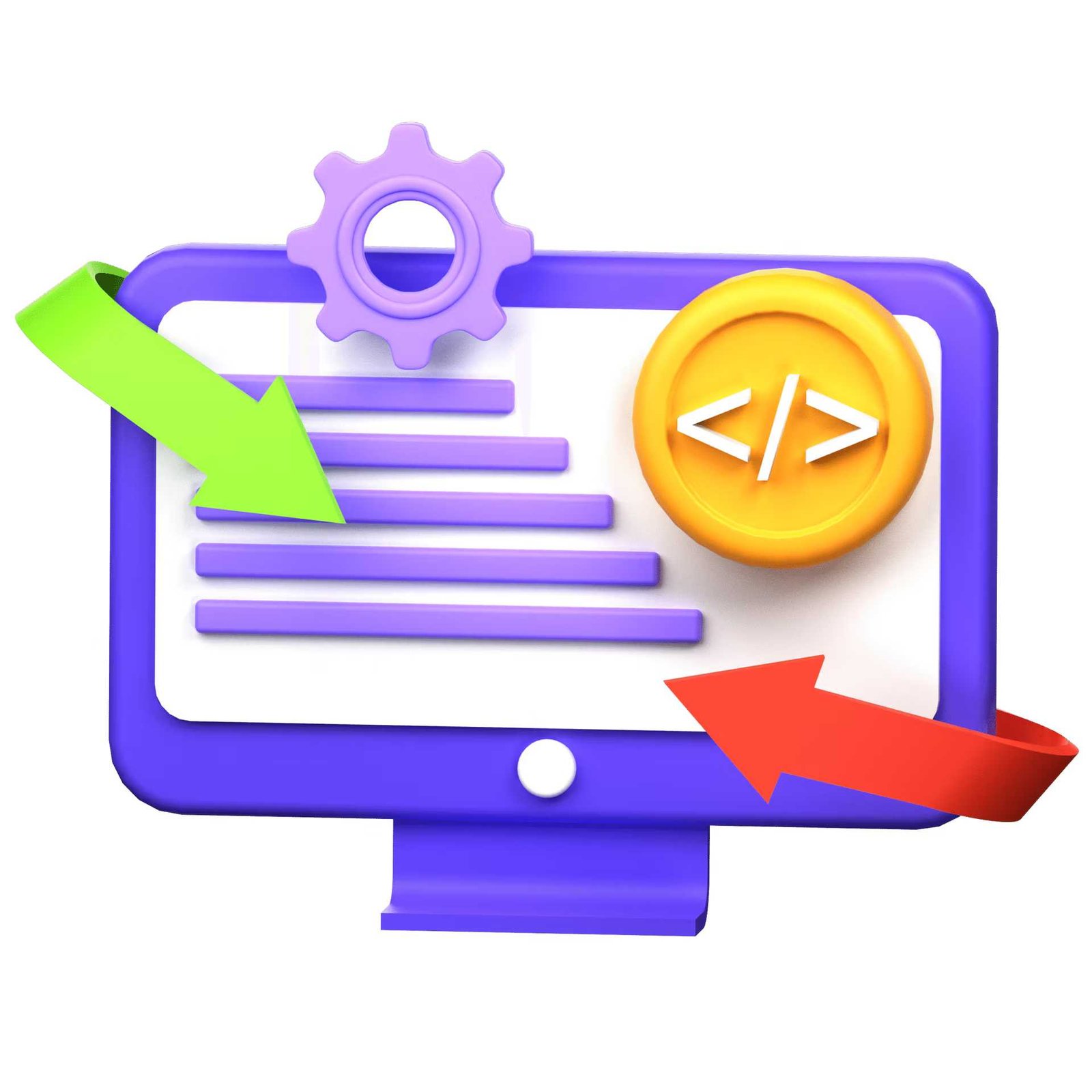 3D icon of computer monitor with code, gear, and arrows for website development