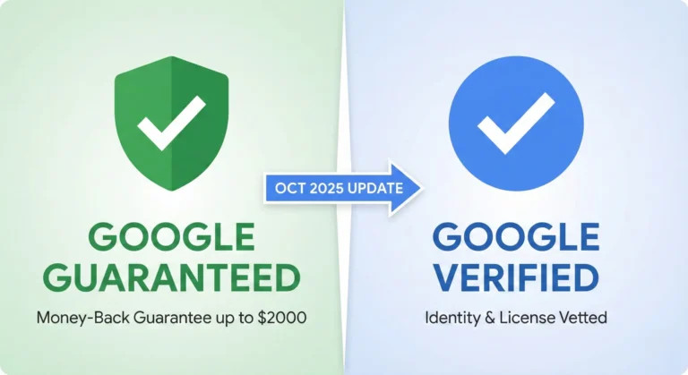 Google Guaranteed shield evolving to Google Verified circle with checkmark