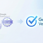 graphic illustrates the shift from the old, separate badges to the single, unified Google Verified blue checkmark.