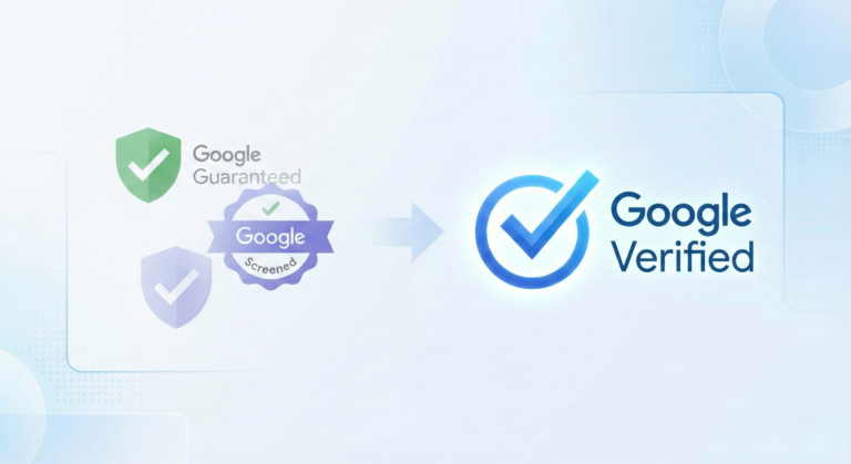 graphic illustrates the shift from the old, separate badges to the single, unified Google Verified blue checkmark.