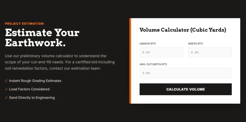 Excavation website volume calculator interface designed by ikai media