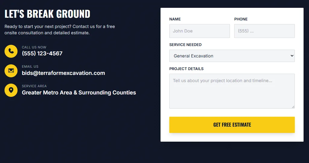 Excavation company website contact form with yellow call to action button