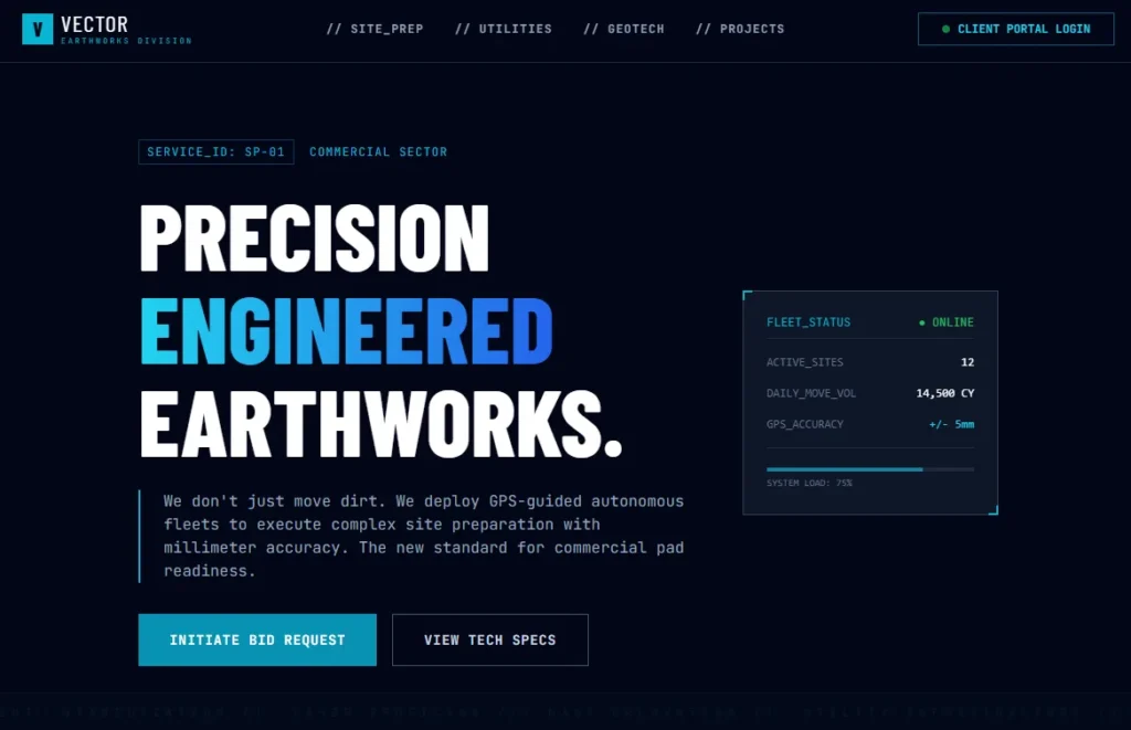 Dark futuristic web design for an excavation and earthworks company