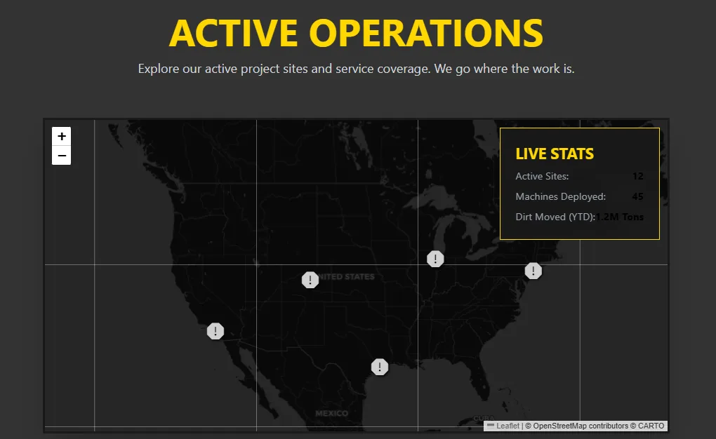 Interactive dark mode map on a construction website designed by ikai media