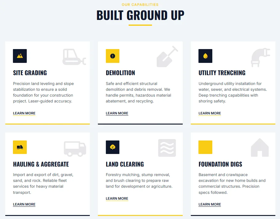 Excavation company website services section designed by ikai media
