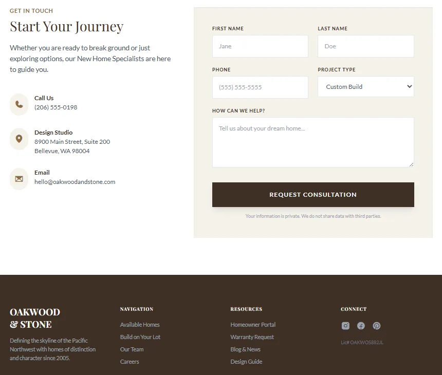 Contact form web design for a custom home builder by ikai media