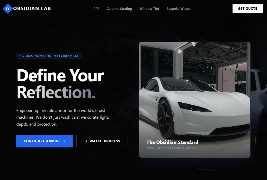 Minimalist dark-mode web design for elite auto spas featuring high-contrast typography and a Configure Armor conversion button. - Ikai Media