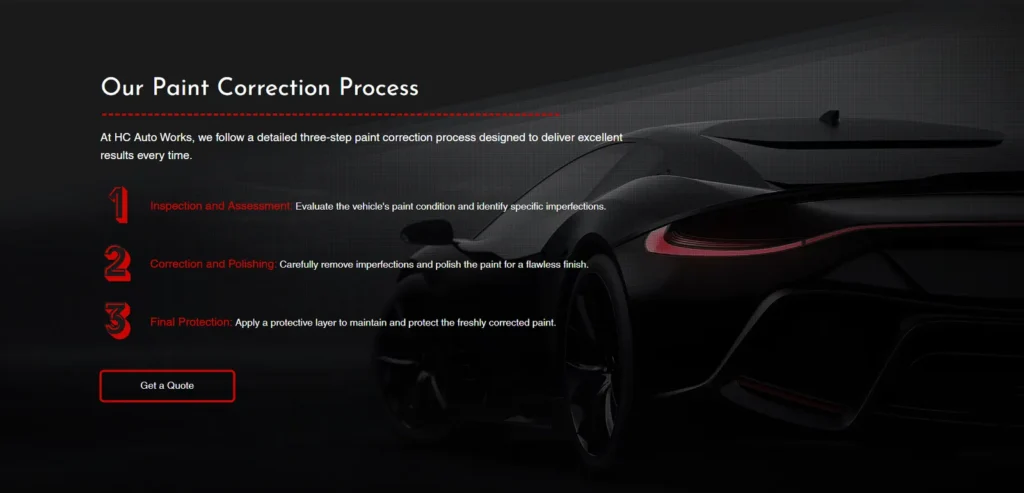 Sleek dark web design for an auto detailing and paint correction business