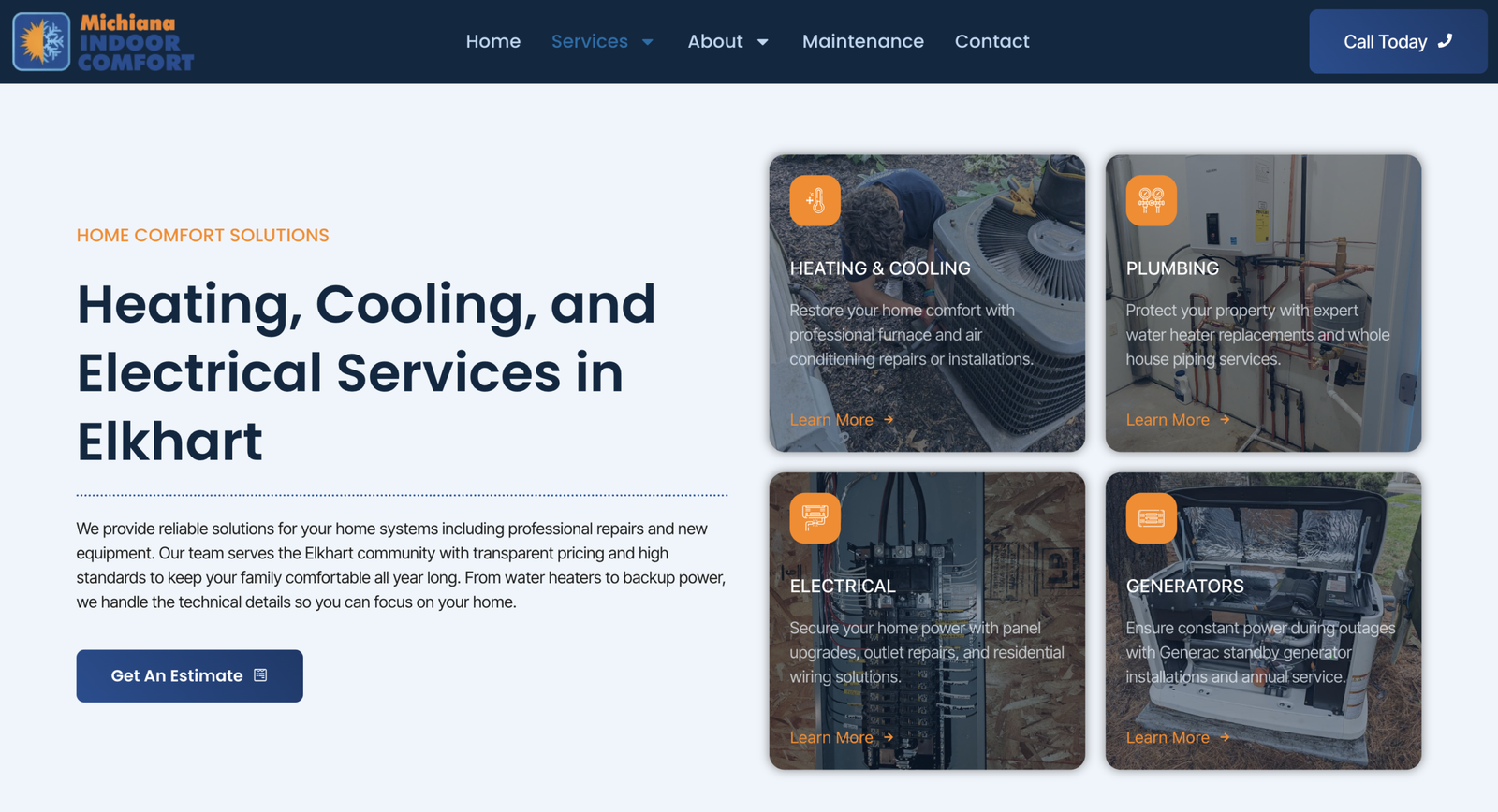 Screenshot 2026-04-15 at 22543 PM - Ikai Media - Ikai Media Homepage hero showing michigan indoor comfort with navigation bar and a bold headline heating cooling and electrical services in elkhart plus four rounded service cards on the right heating cooling plumbing electrical generators