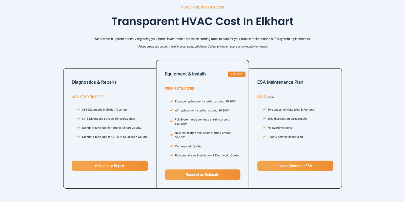 Screenshot 2026-04-15 at 22618 PM - Ikai Media - Ikai Media Three column pricing board showing hvac options diagnostics repairs equipment installs featured with estimates and esa maintenance plan plus action buttons schedule a repair request an estimate learn about the esa