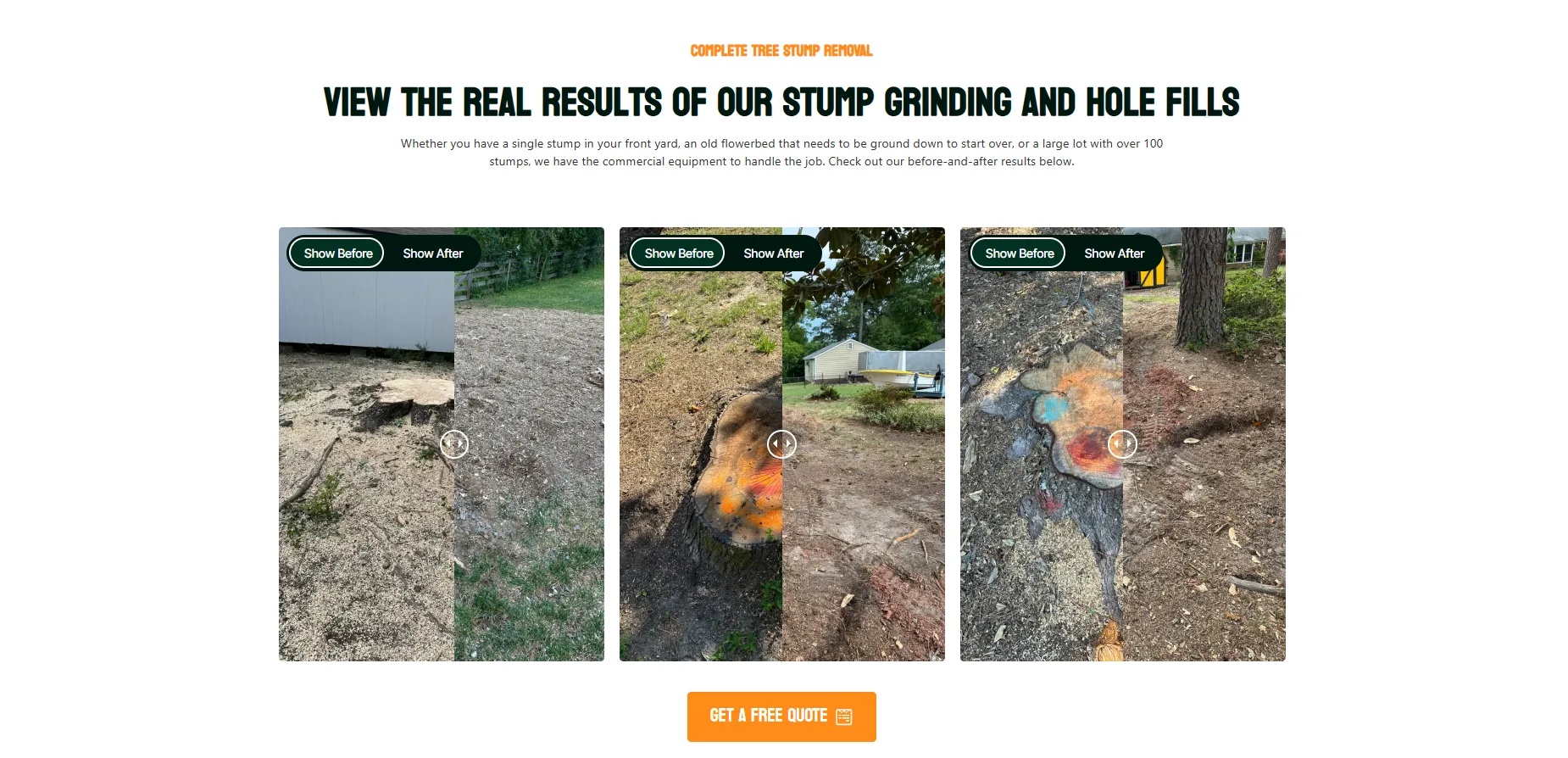 Before and after stump grinding portfolio section on a tree service website