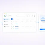 Google Ads campaign flow showing a search ad, campaign dashboard, landing page, and lead notification.