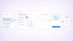 Google Ads campaign flow showing a search ad, campaign dashboard, landing page, and lead notification.
